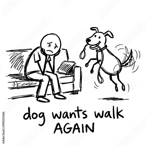 Funny Stick Figure Cartoon of Exhausted Owner and Excited Dog Wanting a Walk