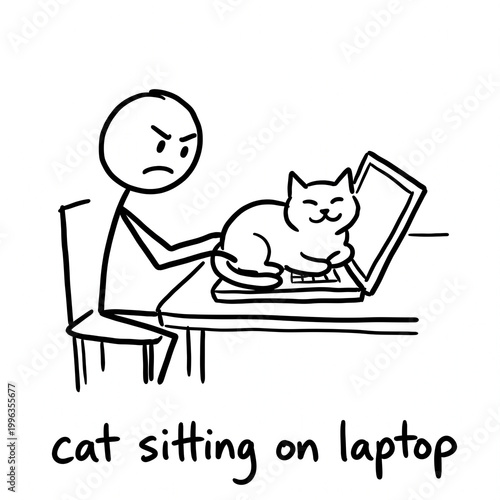 Stick Figure Cartoon of Cat Sitting on Laptop Interrupting Owner's Work