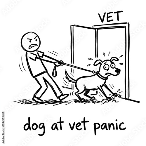 Stick Figure Cartoon of Scared Dog Refusing to Enter Vet Clinic
