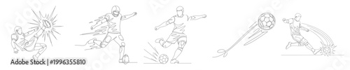 Foto Single stroke art capturing soccer player's vigorous kick with radiating lines and ball trajectory