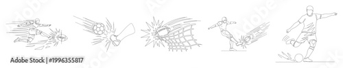 Soccer player kicking ball toward net with great force and speed capturing dynamic motion single line drawing.