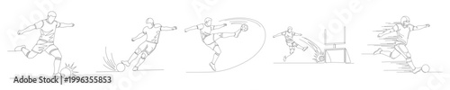 Football player kicking ball towards goal striking with power captured in dynamic single line drawing.