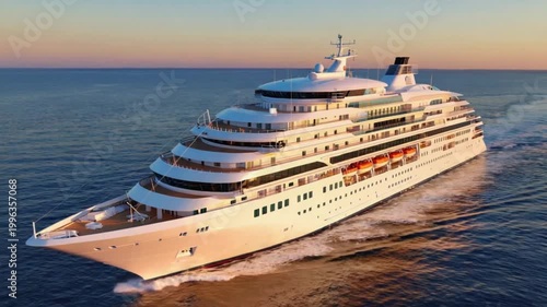 Luxury cruise ship sailing at sunset with golden reflections on calm ocean waters