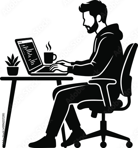Man working on laptop at desk with coffee