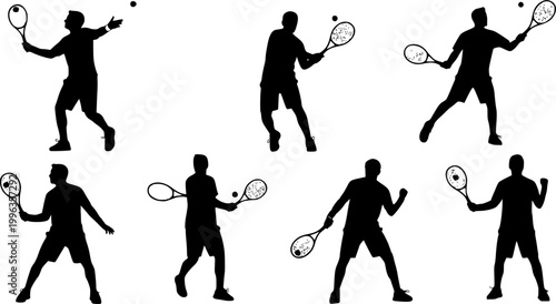 Tennis, group of male tennis players, isolated vector silhouettes, summer sports
