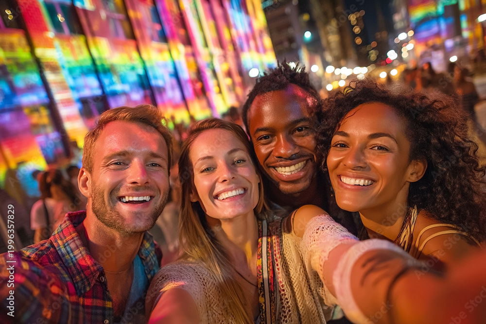 Fototapeta premium Diverse Happy Friends Taking Selfie at Night City Festival with Vibrant Neon Light Projections, Young Multiethnic People Celebrating Life and Friendship in Urban Nightlife Event Scene.