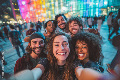 Diverse group of happy young friends taking a selfie at a vibrant city festival at night, with colorful illuminated buildings in the background, capturing joyful moments of connection and