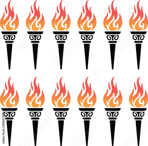 Row of Olympic Torches with Flames on White Background Keywords: torch, fire, flame, olympic