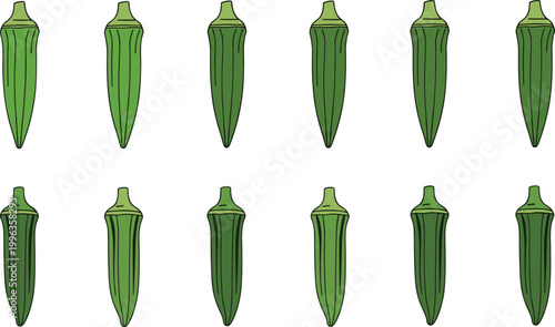 Set of Fresh Green Okra Illustrations Featuring Whole Raw Lady Finger Vegetables for Healthy Nutrition Culinary Arts and Agricultural Market Graphic Design Projects