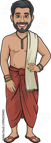 Smiling Man in Traditional Indian Dhoti and Shawl Keywords: man, indian, traditional, dhoti
