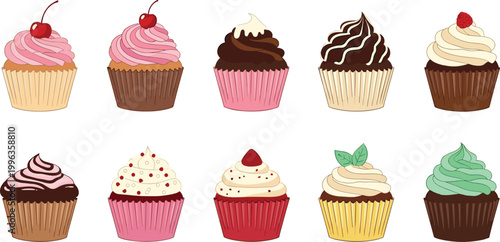 Set of Delicious Cupcake Illustrations Featuring Various Flavors Including Chocolate Strawberry Vanilla and Mint with Decorative Frosting Toppings for Bakery and Celebration Graphic Designs