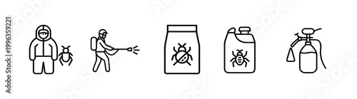 Pest control line icons set exterminator specialist spraying action pesticide product bag bug killer liquid bottle manual pressure sprayer & more vector illustration with editable stroke.