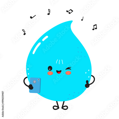Water drop cartoon character listening to music using smartphone
