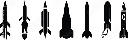 Rocket missile space launch vehicle icon set collection group in black flat style featuring rocket, missile, spacecraft, booster, launch synonym elements for aerospace, military and technology design