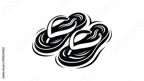 Black and white vector illustration of two flip flops with stylized waves, isolated on white background.