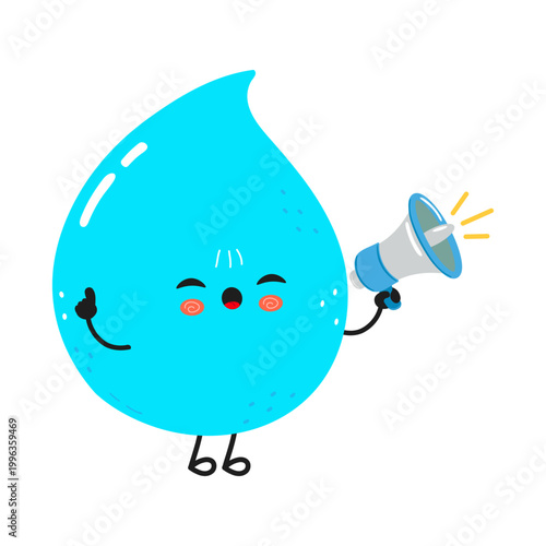 Water drop character holding megaphone making announcement