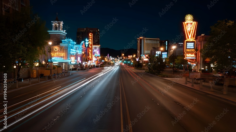 Fototapeta premium Vibrant panoramic view of a metropolitan street at night characterized by neon signs and streaks of light motion