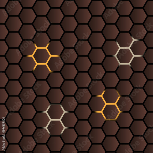 Geometric honeycomb pattern with illuminating tech accents futuristic abstract technology vector illustration background design