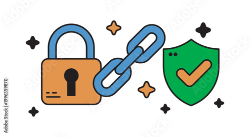 Cybersecurity digital privacy flat vector illustration collection, cute security icons ransomware defense lock chain shield tick sparkles stars horizontal composition