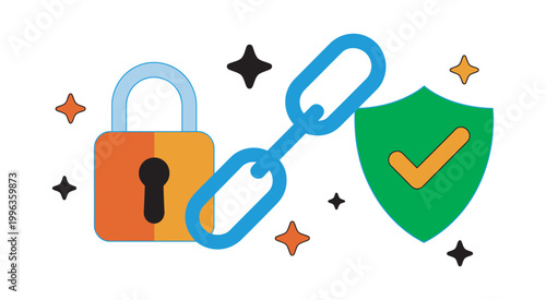 Cybersecurity digital privacy flat vector illustration collection, cute security icons ransomware defense lock chain shield tick sparkles stars horizontal composition