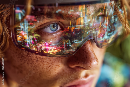 Close-up of a young man's eye wearing futuristic augmented reality glasses, reflecting a vibrant, complex digital cityscape with glowing data streams, symbolizing innovation, virtual reality,