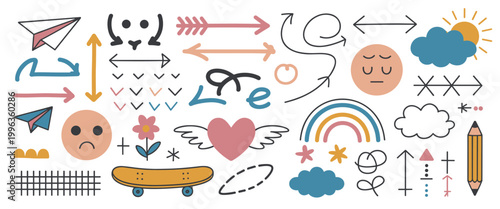 Hand drawn doodle set featuring paper planes arrows hearts clouds a rainbow a skateboard a pencil and facial expressions in a soft color palette of blue pink orange and black on a white background