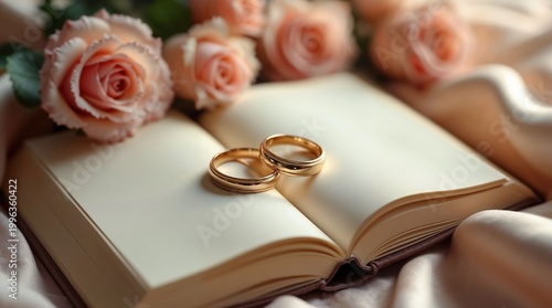 Gold wedding rings on open book with pink roses background