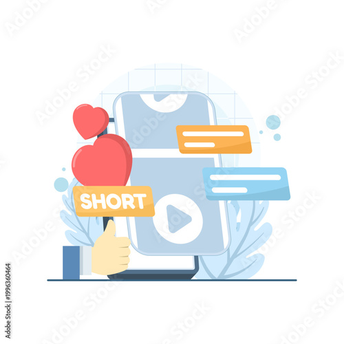 Illustration of social media short video concept, perfect for websites, apps, banners, and posters, showing content creation, digital promotion, online engagement, and modern media platforms.