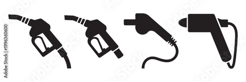 Fuel nozzle and electric charging plug silhouette set, four solid black icons, modern energy fuel and EV charging vector illustration collection