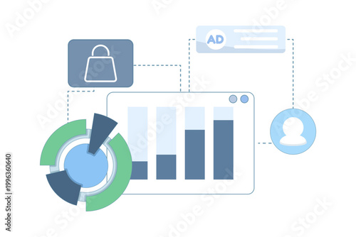 Vector illustration of marketing analytics with data tracking, showing ad performance, user insights, campaign metrics, business growth, and modern digital advertising strategy concept.