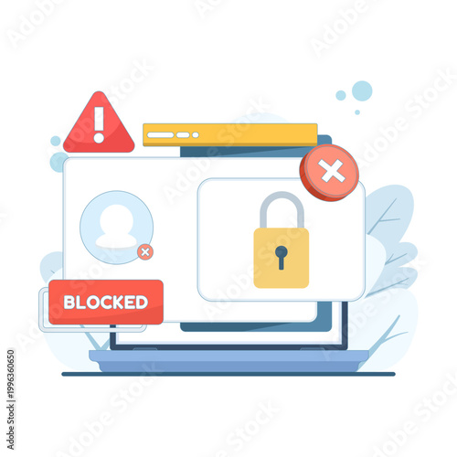 Blocked account illustration with hacker attack and ransomware concept, symbolizing cyber crime, data protection, security breach, access denial, and modern cybersecurity system concept.