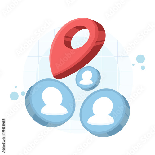 Illustration of map pointer with person icon, showing user location, GPS tracking, navigation system, geolocation service, and modern digital map concept design.