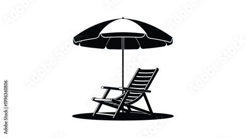 Minimalist beach chair and parasol illustration in black and white vector style.