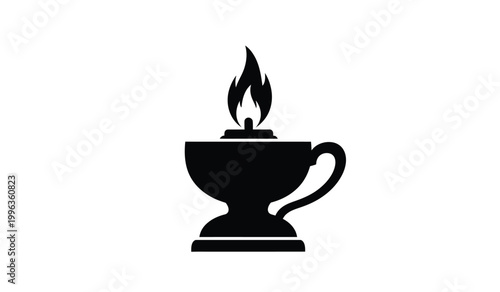A striking black silhouette depicts an ornate oil lamp with a flickering flame evoking a sense of ancient history silhouette high quality professional detailed