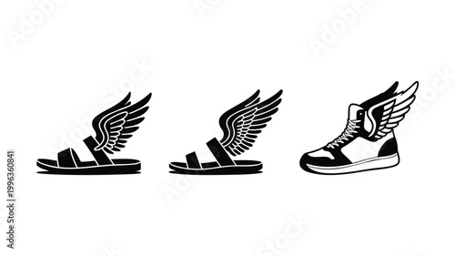 Minimalist winged sandals and sneaker silhouettes set on white background.