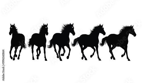 A striking arrangement of five black horse silhouettes in varying gaits showcases equine power and grace emphasizing movement silhouette high quality professional detailed modern