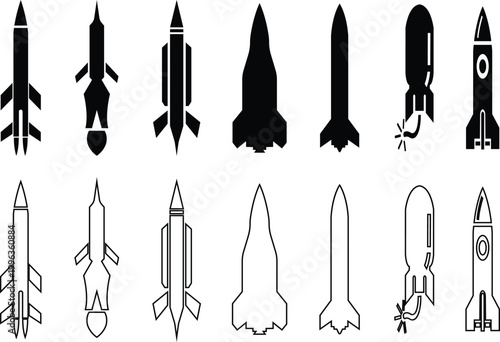 Rocket missile space launch vehicle icon set collection group in black flat and line style featuring rocket, missile, spacecraft, booster, launch synonym elements for aerospace, military and technolog