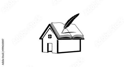 A house with an open book and quill on the roof.