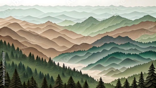 Muted green and earthy brown tones highlight this tranquil layered mountain landscape featuring dense pine tree forests and serene misty valleys.