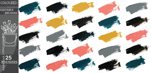 Colorful Brushstrokes, Paint Swatches, Editable Vectors, 25 Coloured Brushes