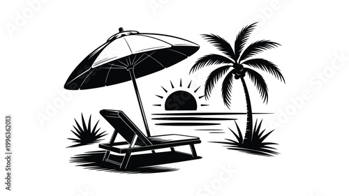 Summer beach holiday scene with lounge chair umbrella palm tree and rising sun silhouette.