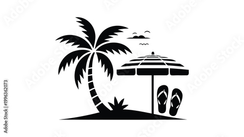 Summer beach logo with palm tree umbrella and sandals on sand.
