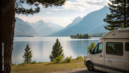 Modern white camper van parked peacefully beside a serene mountain lake while capturing the beautiful essence of a relaxing wilderness summer road trip vacation