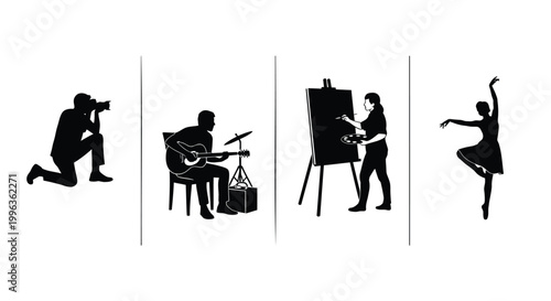 Creative hobbies, artistic activities, silhouette icons, black and white, vector graphics