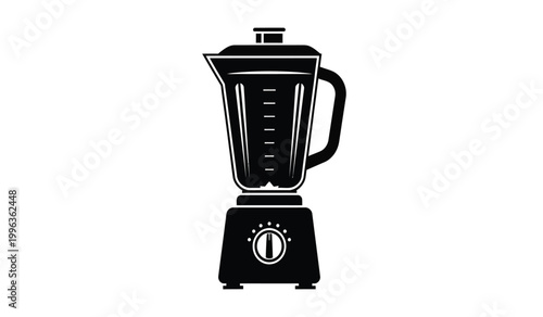 A stark black silhouette of a modern kitchen blender stands prominently against a plain white background showcasing its form silhouette high quality professional detailed