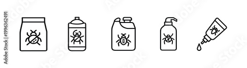 Pest control line icons set pesticide powder bag insecticide spray can bug killer liquid jug ant pump bottle gel tube & more vector illustration with editable stroke.