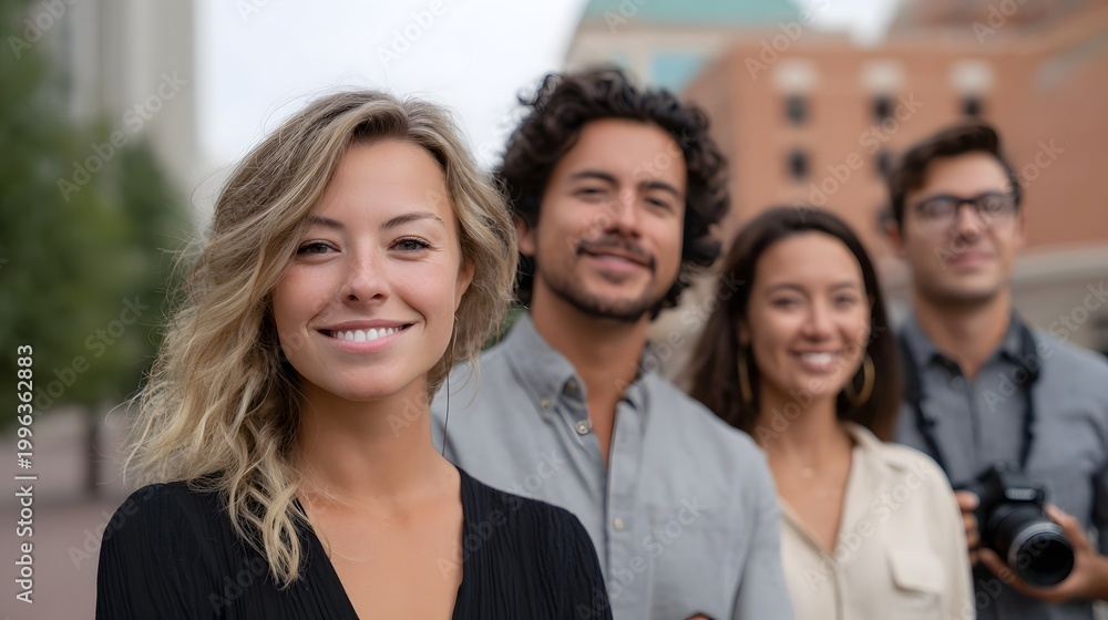 Fototapeta premium A diverse group of friends or colleagues smiles happily together while posing outdoors in a modern city setting