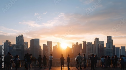 A group of people observes a spectacular sunrise over a modern metropolitan city skyline from a high vantage point