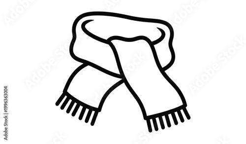 A simple black and white line drawing depicts a loosely draped scarf with fringed ends presenting a stark silhouette high quality professional detailed modern