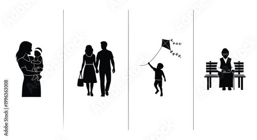 Family, people, silhouette icons, black, vector graphics, family life, relationships, parenthood